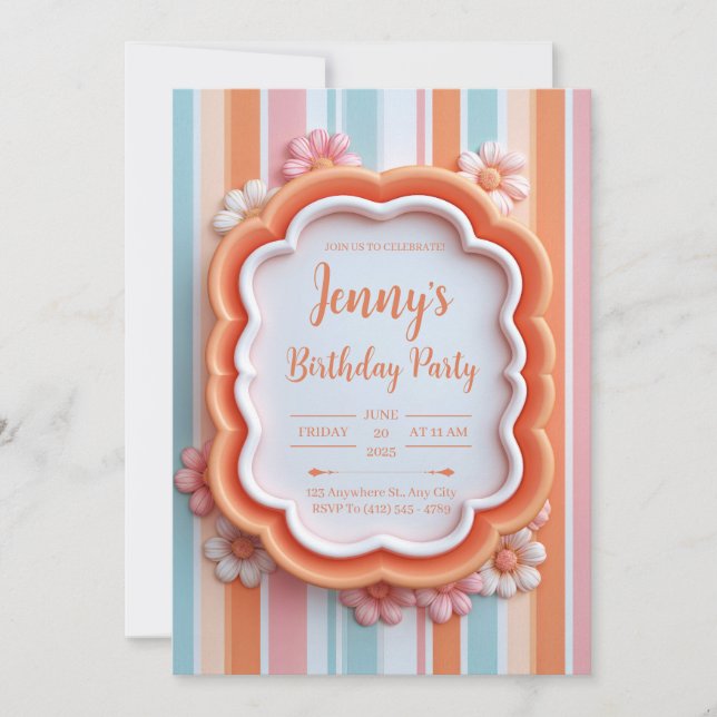 Retro 3D Gummy Flower Striped Frame Birthday Invitation (Front)