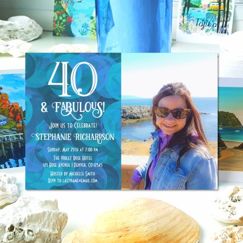 Retro 40 and Fabulous Ocean Blue Photo Birthday Invitation