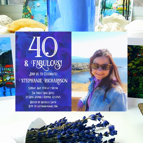 Retro 40 and Fabulous Royal Blue Photo Birthday Invitation