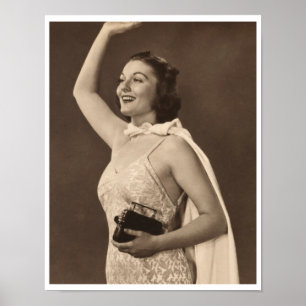 Retro 40s woman in swimsuit waving poster