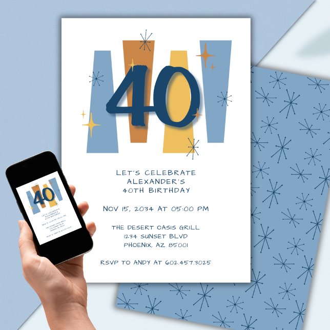 Retro 40th Birthday Midcentury Modern Blue Invitation (Creator Uploaded)