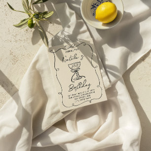 Retro 40th Hand Drawn Bow Champagne Glass Birthday Invitation