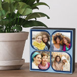 Retro 4 Photo Collage Pinwheel Flower Petal Blue Wooden Box Sign<br><div class="desc">Stylish photo block in two tone blue with retro pinwheel style photo collage. The photo template is set up for you to add 4 of your favorite photos, which are automatically displayed in the flower petal shapes. If you have any problem with picture placement, try cropping your photo to a...</div>
