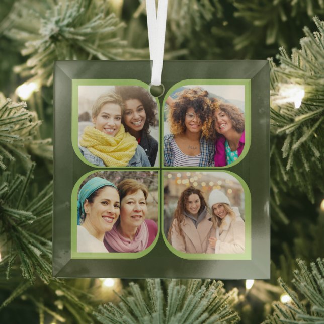 Retro 4 Photo Pinwheel Flower Petal Black Green Glass Ornament (Insitu)