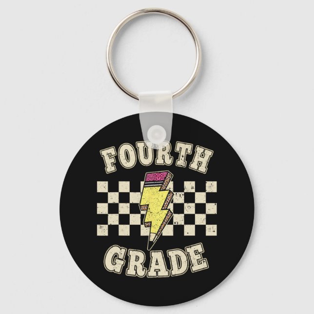 Retro 4th Fourth Grade Teacher Lightning Bolt Penc Keychain (Front)
