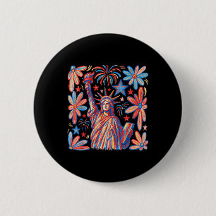 Retro 4th July Statue Of Liberty America Girl Wome Button