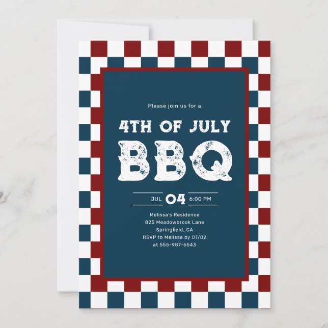 Retro 4th of July BBQ Party Checkered  Invitation (Front)