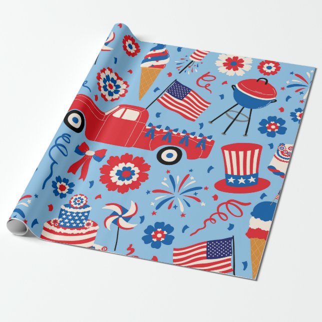 Retro 4th of July Celebration Pattern Wrapping Paper (Unrolled)