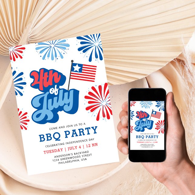 Retro 4th of July Fireworks America Flag BBQ Party Invitation (Creator Uploaded)