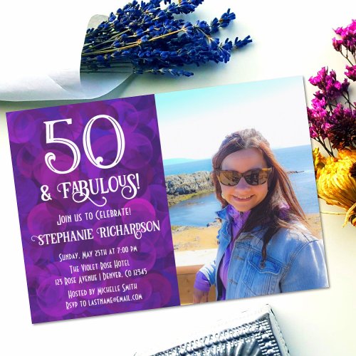 Retro 50 and Fabulous Purple Photo Birthday Invitation