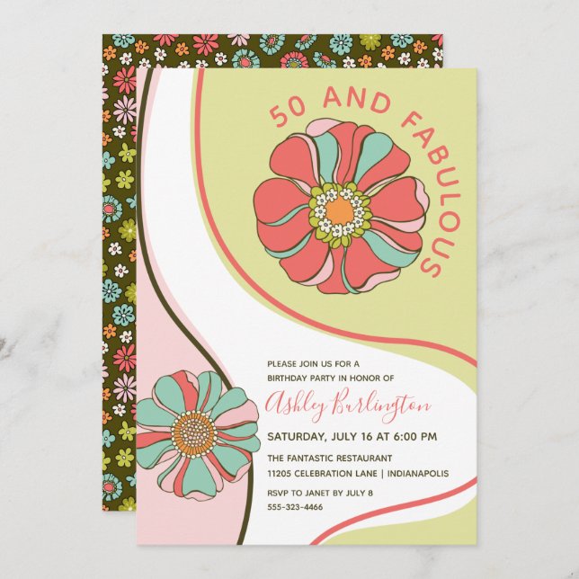 Retro 50 & Fabulous Groovy Floral Invitation (Front/Back)