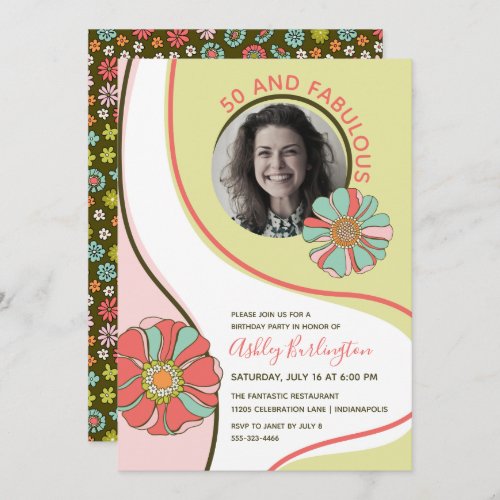 Retro 50  Fabulous Groovy Floral Photo Invitation