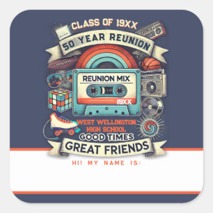 Retro 50 Year High School Reunion Name Tag - Blue