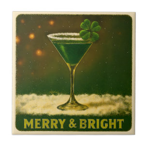 Retro 50s 4 Leaf Clover Irish Christmas Martini Ceramic Tile