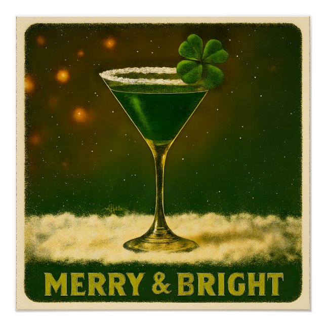 Retro 50s 4 Leaf Clover Irish Christmas Martini Poster (Front)