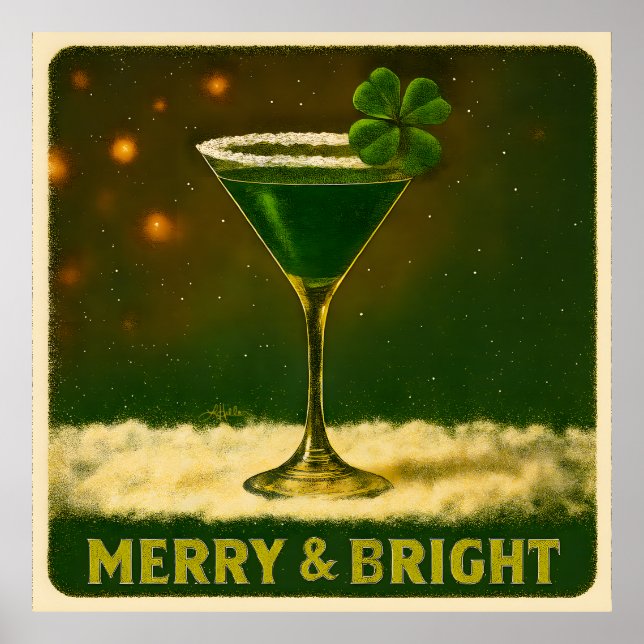 Retro 50s 4 Leaf Clover Irish Christmas Martini Poster (Front)