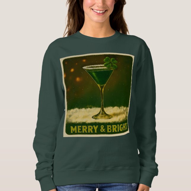 Retro 50s 4 Leaf Clover Irish Christmas Martini Sweatshirt (Front)