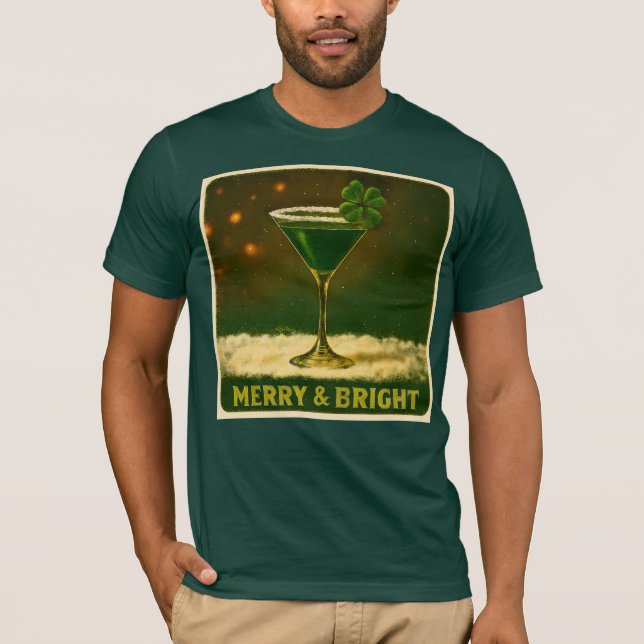 Retro 50s 4 Leaf Clover Irish Christmas Martini T-Shirt (Front)