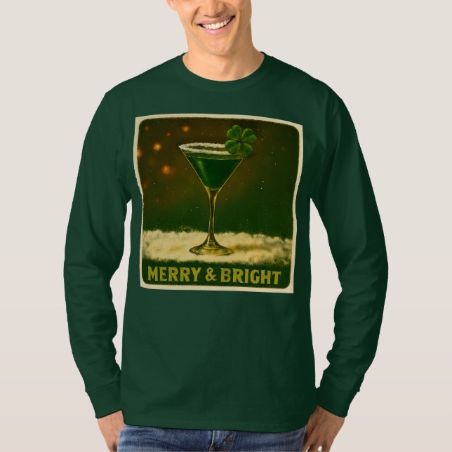 Retro 50s 4 Leaf Clover Irish Christmas Martini T-Shirt (Front)