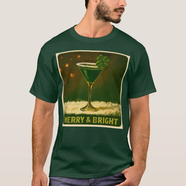 Retro 50s 4 Leaf Clover Irish Christmas Martini T-Shirt (Front)