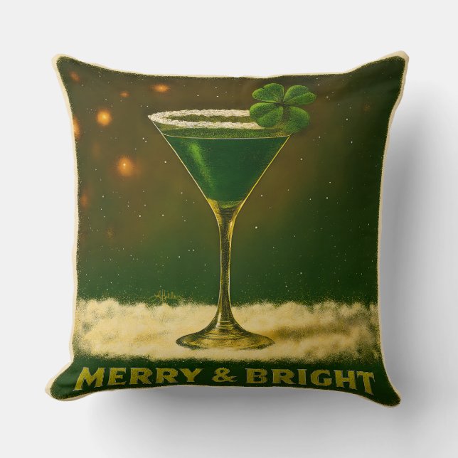 Retro 50s 4 Leaf Clover Irish Christmas Martini Throw Pillow (Front)