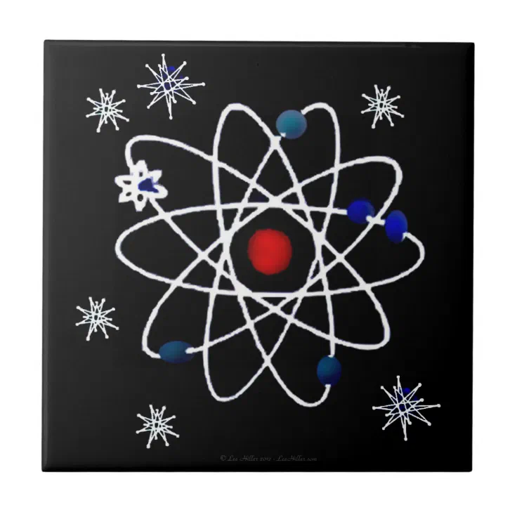 Retro 50s Atomic Print On Black Tile | Zazzle