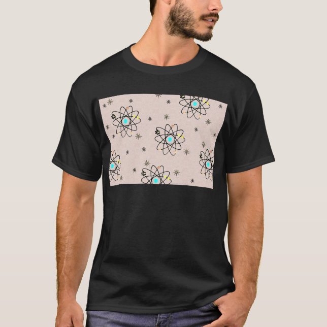 Retro 50s Atomic Print Pink Apparel & Gifts T-Shirt (Front)