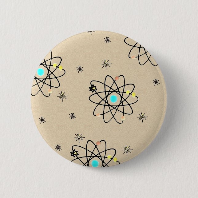Retro 50s Atomic Print Sand Apparel & Gifts Button (Front)