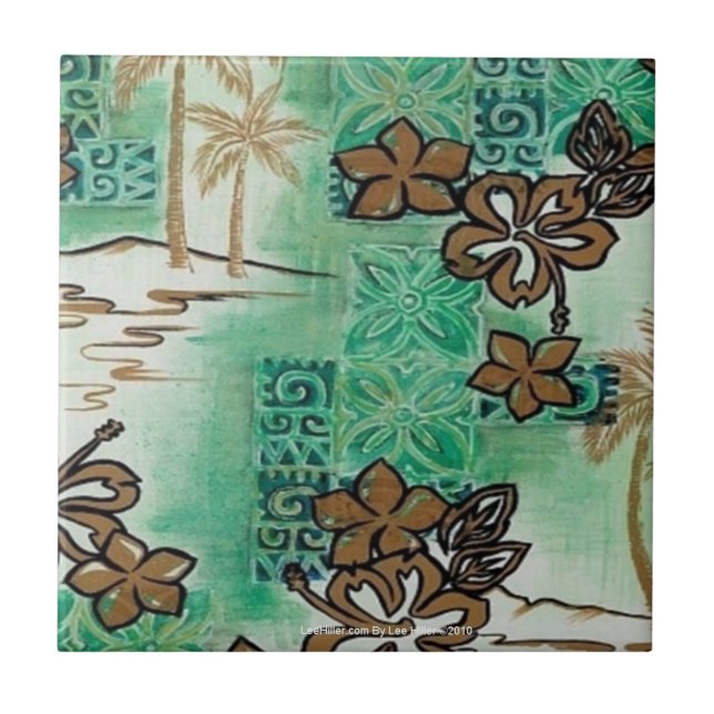 Retro 50s Atomic Tiki Print Bronze Turquoise  Ceramic Tile (Front)