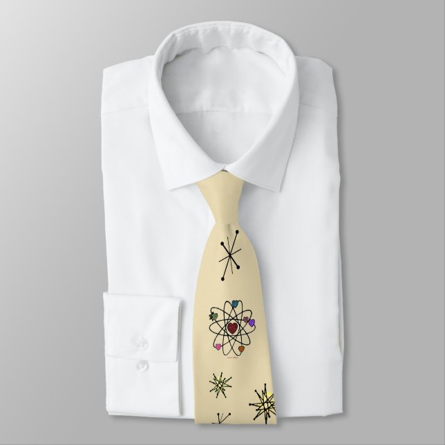 Retro 50s Atomic Valentine Hearts on Butter Cream Tie (Tied)