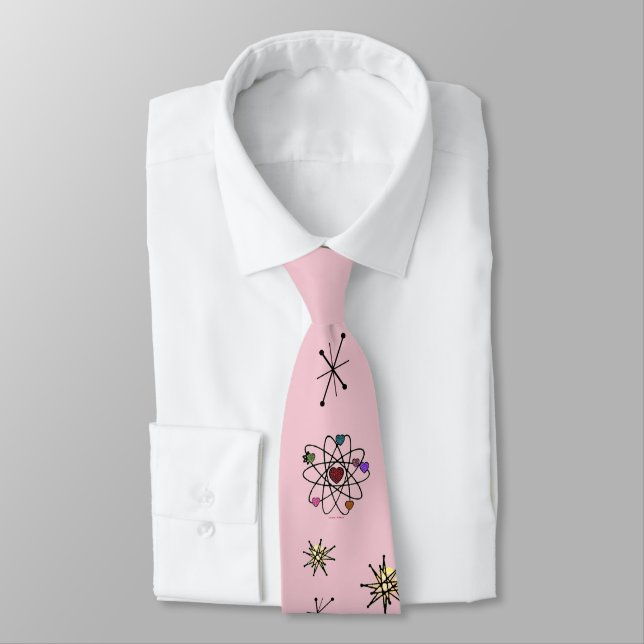 Retro 50s Atomic Valentine Hearts on Pink Neck Tie (Tied)
