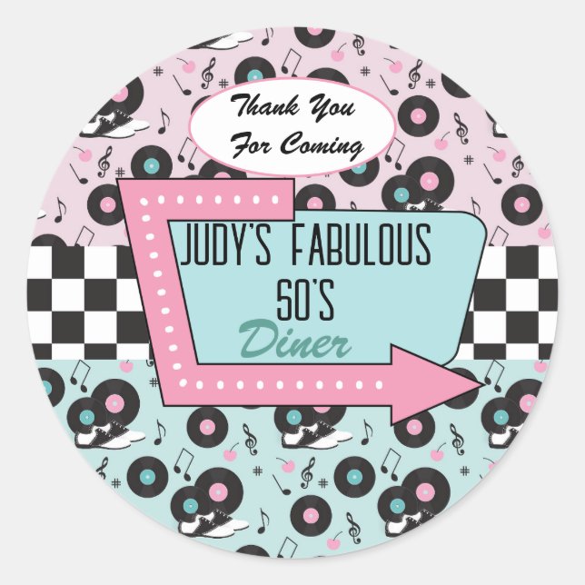 Retro 50s Birthday Party    Favor  Classic Round Sticker (Front)