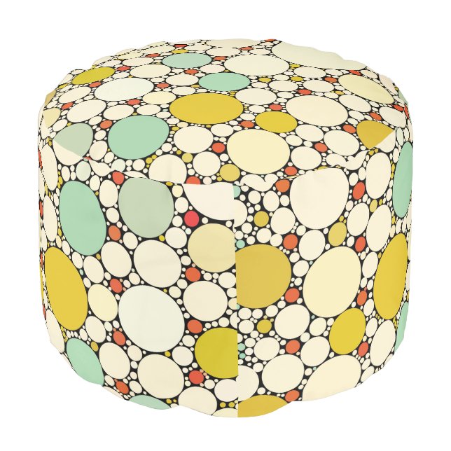 Retro 50s Bubble Circle Yellow Teal Ottoman Pouf (Angled Front)