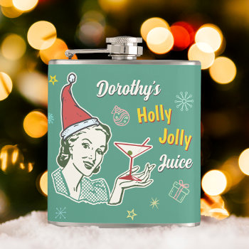 Retro 50s Christmas Holly Jolly Juice Funny Custom Flask by HaHaHolidays at Zazzle