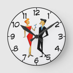 Retro 50s Couple Cocktail Party Red Black Round Clock