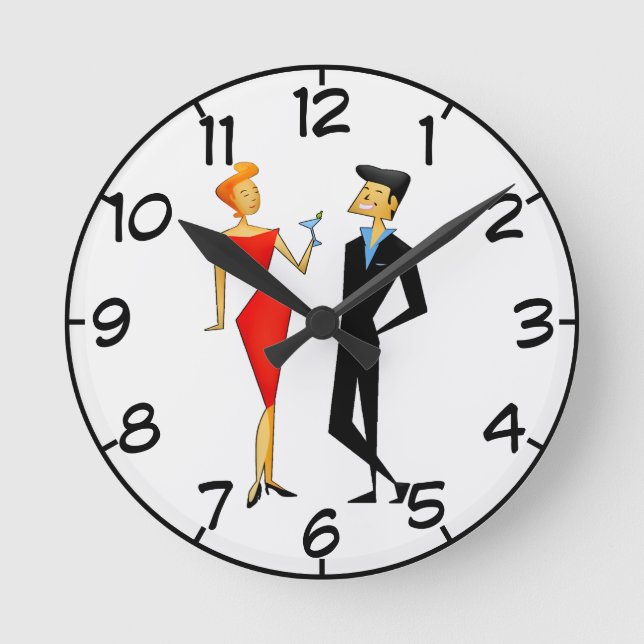 Retro 50s Couple Cocktail Party Red Black Round Clock (Front)