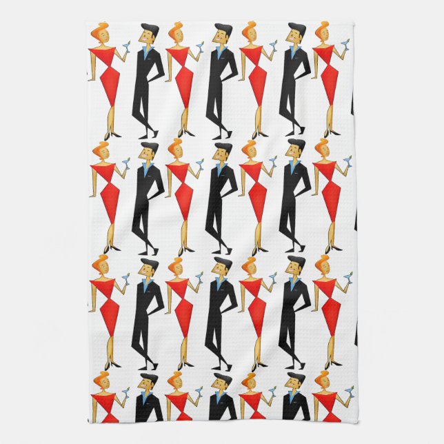 Retro 50s Couple Red Black Cocktails Party Kitchen Towel (Vertical)