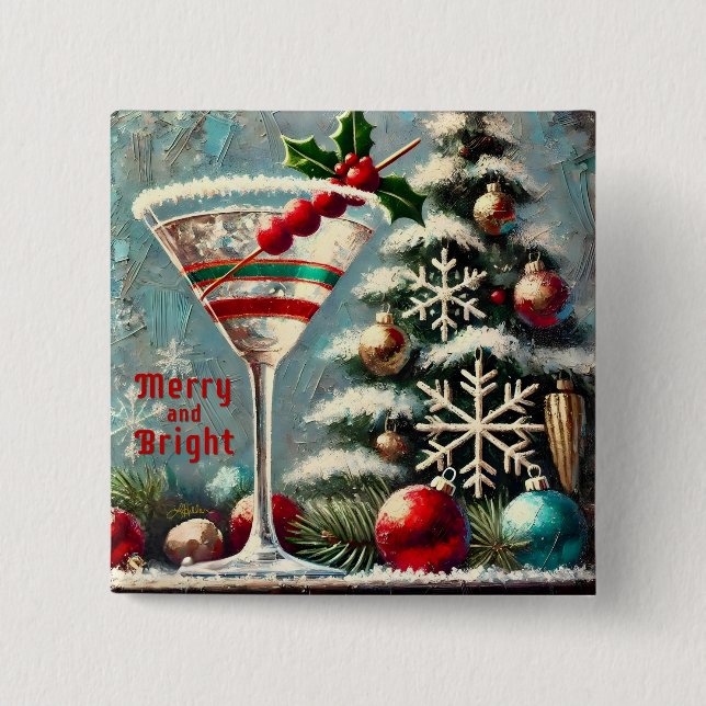 Retro 50s Cranberry Snowflake Christmas Martini Button (Front)