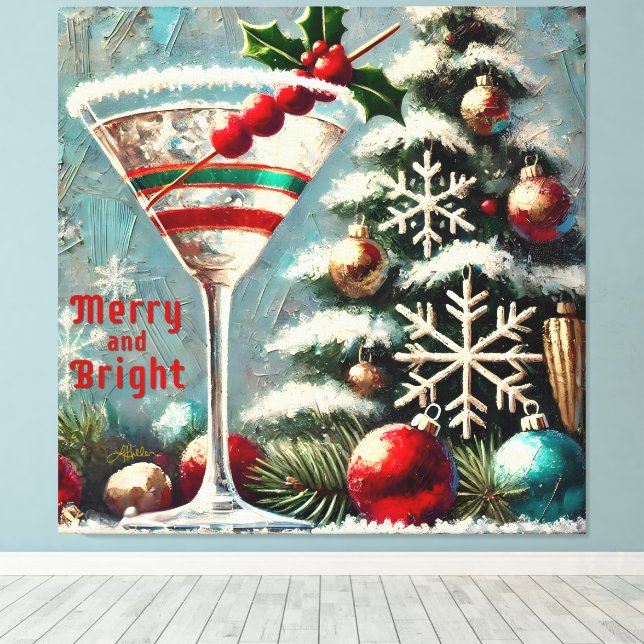 Retro 50s Cranberry Snowflake Christmas Martini Canvas Print (Insitu(Wood Floor))