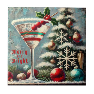 Retro 50s Cranberry Snowflake Christmas Martini Ceramic Tile