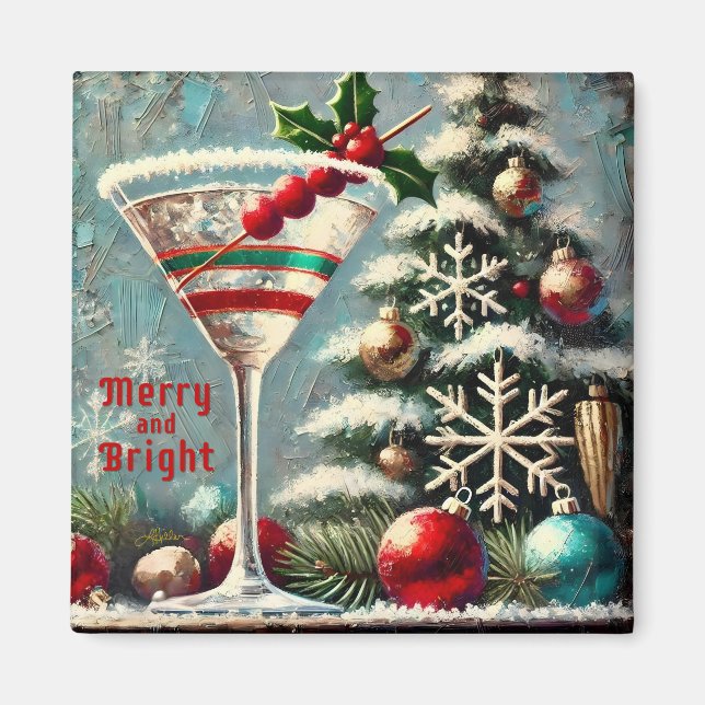 Retro 50s Cranberry Snowflake Christmas Martini Magnet (Front)
