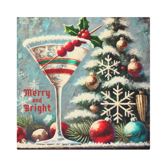 Retro 50s Cranberry Snowflake Christmas Martini Metal Print (Front)
