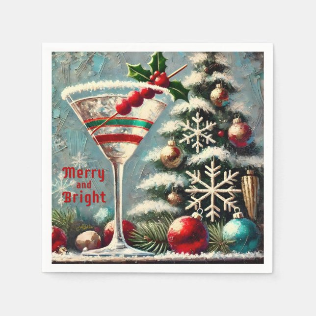 Retro 50s Cranberry Snowflake Christmas Martini Napkins (Front)