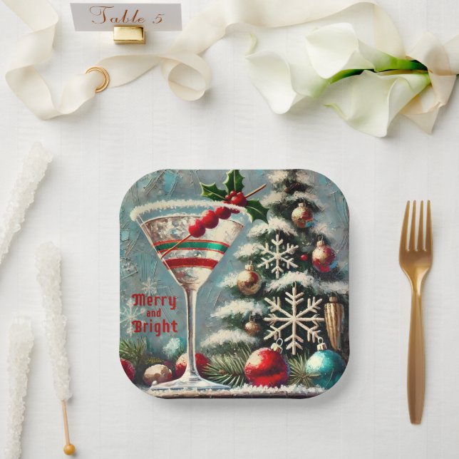 Retro 50s Cranberry Snowflake Christmas Martini Paper Plates (Wedding)