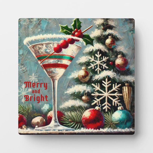 Retro 50s Cranberry Snowflake Christmas Martini Plaque (Front)