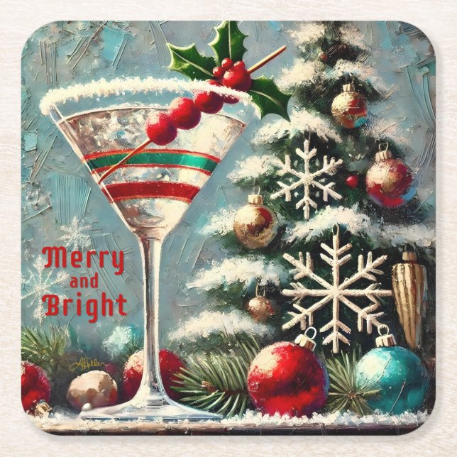 Retro 50s Cranberry Snowflake Christmas Martini Square Paper Coaster (Front)