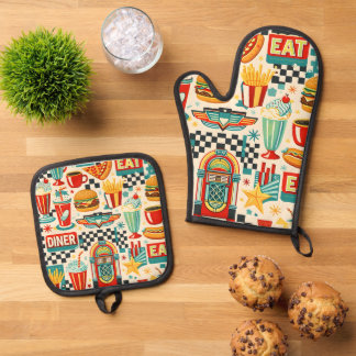 Retro 50s diner classic pattern oven mitt and pot  oven mitt & pot holder set