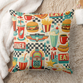 Retro 50s diner food pattern vintage American dine Throw Pillow