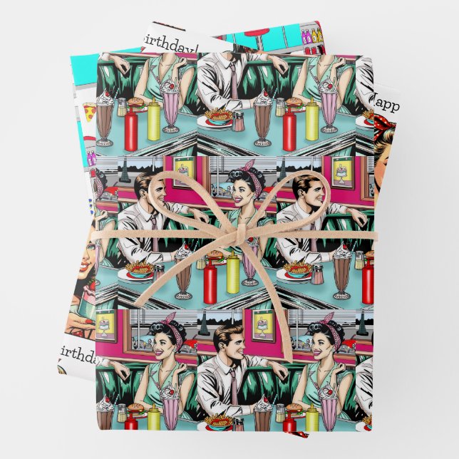 Retro 50's Diner Nostalgic Birthday Wrapping Paper Sheets (In situ)