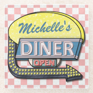 Retro 50s Diner Sign Create Your Own Custom Glass Coaster